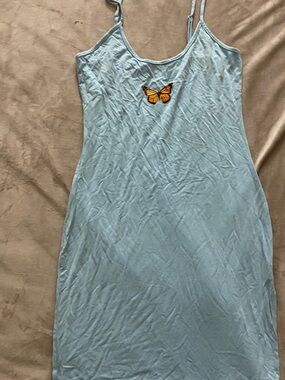 Light Blue Butterfly Embroidered Slip Mini Dress - Women's Spaghetti Strap